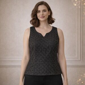 Jackie Bernard Black Eyelet Vest Top Sz 2 USA Made Luxe Minimalist Button Front